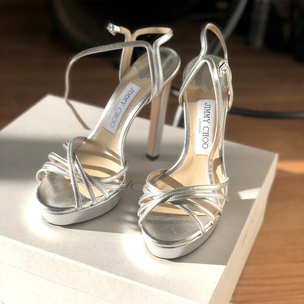 Jimmy Choo high heel sandal, silver, $225